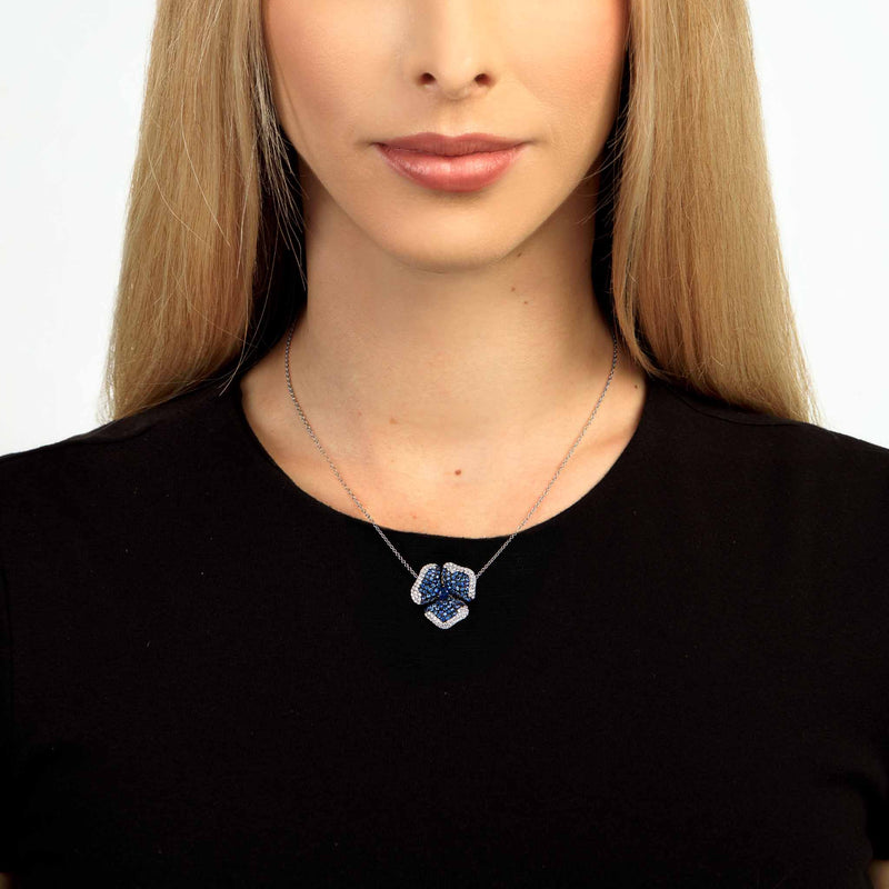 Oval Blue Sapphire Diamond Halo Pendant Necklace in 14K White Gold wit -  Abhika Jewels